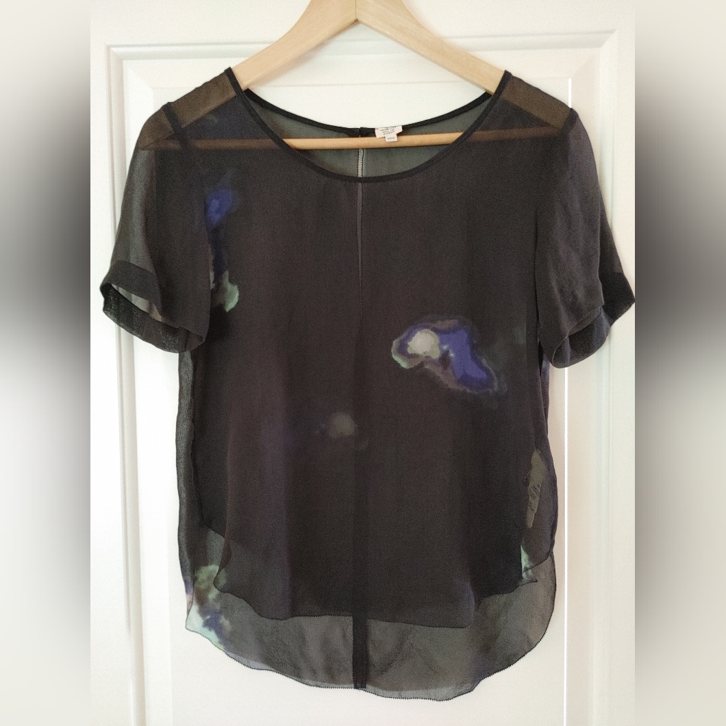 Wilfred 100% Silk Sheer Black Blue Floral Blouse~ Size Xxs